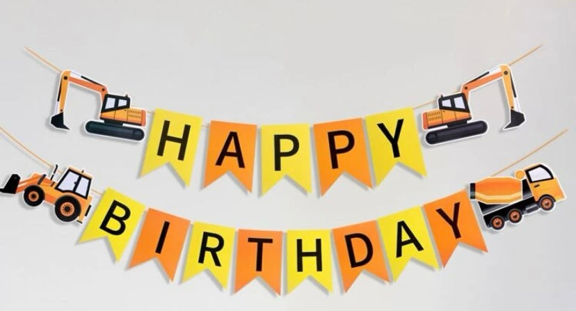 Truck, digger and tractor birthday banner